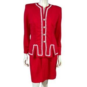1980s Pablo Collection Red Skirt Suit White Loop Trim Power Suit Vintage
